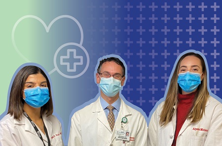 Megha Patel, MD, Mark Simone, MD, and Alyson Michener, MD, pose together wearing white coats.
